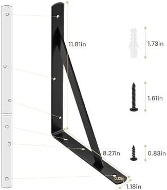 Heavy Duty Shelf Brackets, 12 x 8 Inch Black Metal L Brackets, 10 Pack