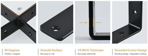 12 Pack - L 8" x H 6" x W1.5, 5mm Thick Black L Shelf Bracket, Iron...
