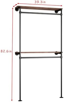 DR.IRON Industrial Pipe Clothing Racks with 2 Tier Shelves, Wall Mounted Blac...