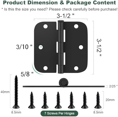 Estmoon 50 Pack 3.5 x 3.5 Inch Rounded Door Hinges Matte Black, 5/8" Rad...