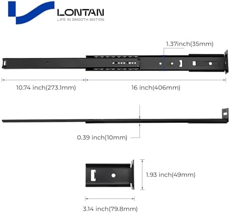 LONTAN 5 Pcs 16 Inch Black Center Mount Drawer Slides