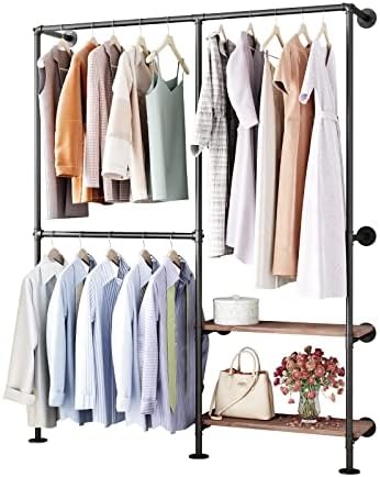 Industrial Pipe Clothes Racks with Black Shelves, Industrial Pipe Black Cloth...