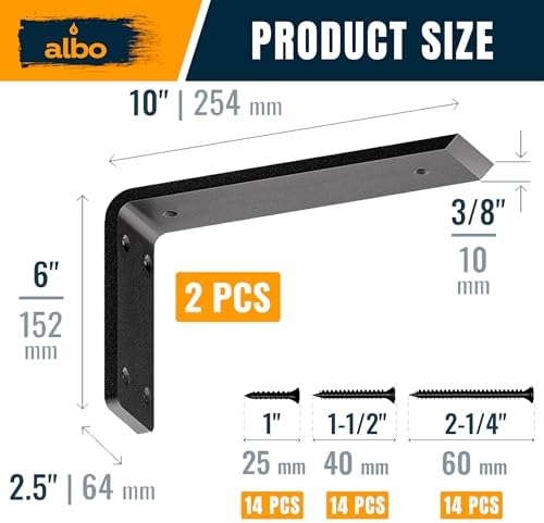 ALBO 10 Inch Countertop Brackets, 2 Pack Heavy Duty Steel L Brackets, Black