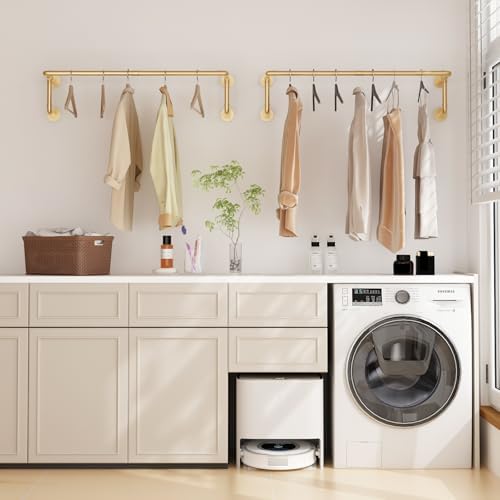 Industrial Pipe Clothing Racks 2 Pack, 36.2In Wall Mounted Clothes Rack, Gold...