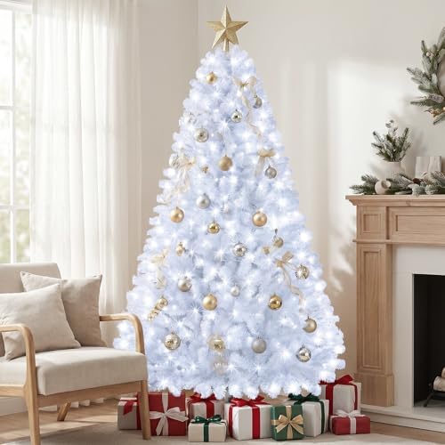6ft White Prelit Christmas Tree with 300 LED White Lights, 726 Dense Branch T...