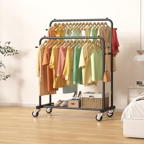 Laiensia Double Rods Garment Rack with Wheels, Clothing Rack for Hanging Clot...