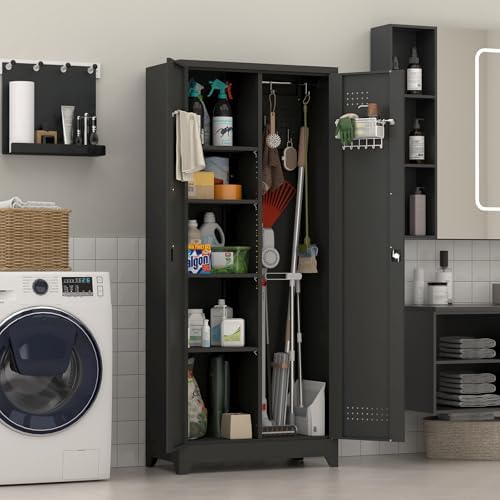 Metal Locking Cabinet, 72.8" Tall Storage Cabinet for Broom, Garage Stor...