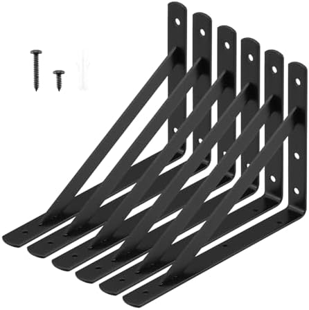 Heavy Duty Shelf Brackets, 12 x 8 Inch Black Metal L Brackets, 6 Pack