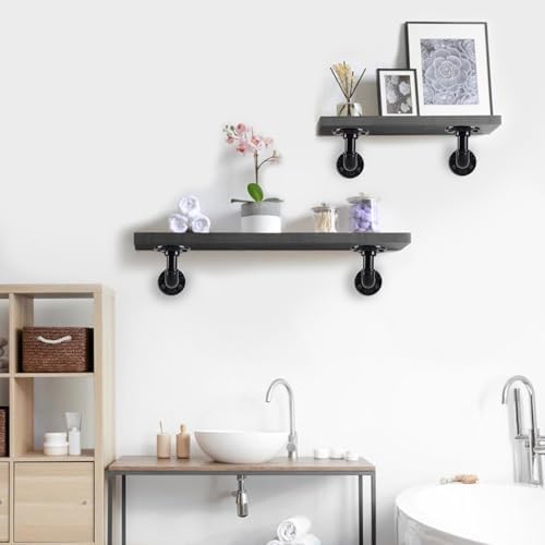 L-Shaped Industrial Pipe Shelf Brackets, Black Metal Wall-Mounted Floating Sh...