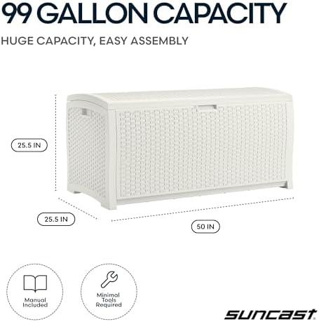 Suncast 99 Gallon Wicker Horizontal Outdoor Deck Box with Hinged Lid, Water-R...