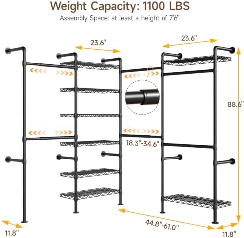 ONBRILL L4 Wall Mounted Heavy Duty Corner Industrial Pipe Clothing Rack