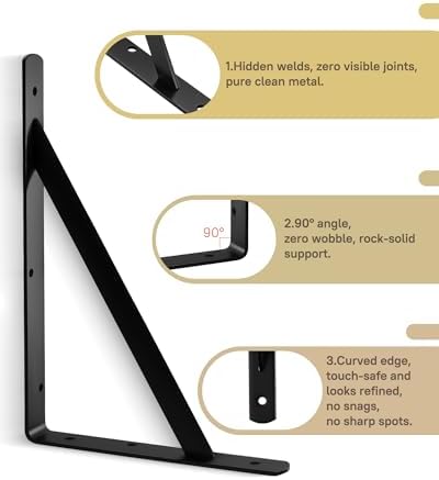 Heavy Duty Shelf Brackets, 12 x 8 Inch Black Metal L Brackets, 10 Pack