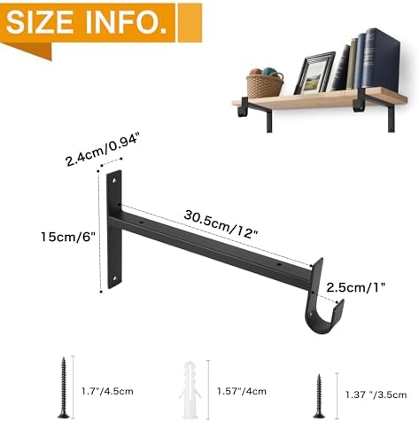 EZYDECOR Closet Rod Bracket Shelf Brackets with Hook Black 12 Inch 6 Pack