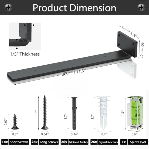 Floating Shelf Brackets 12 Inch 6 Pack, Hidden L Brackets for Shelves Black