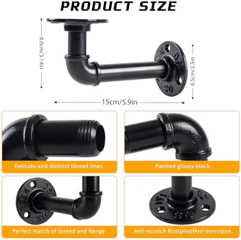 L-Shaped Industrial Pipe Shelf Brackets, Black Metal Wall-Mounted Floating Sh...