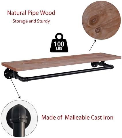 Clothes Rack 36in, Wall Mounted Garment Rack with Real Wood Shelf, Heavy Duty...