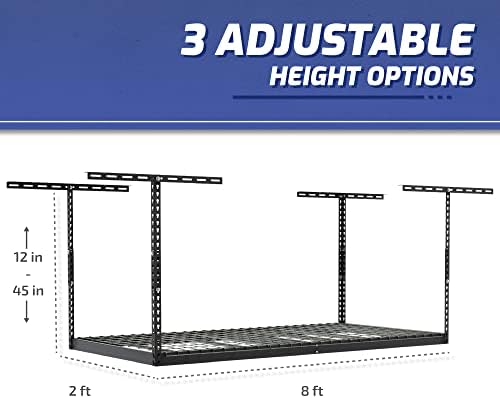 SafeRacks 2x8 Overhead Garage Storage Rack, Gray, 12"-21" Height