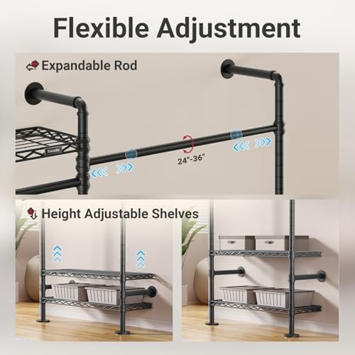 Timate F2 Industrial Pipe Clothes Rack Wall Mounted Clothing Rack for Hanging...