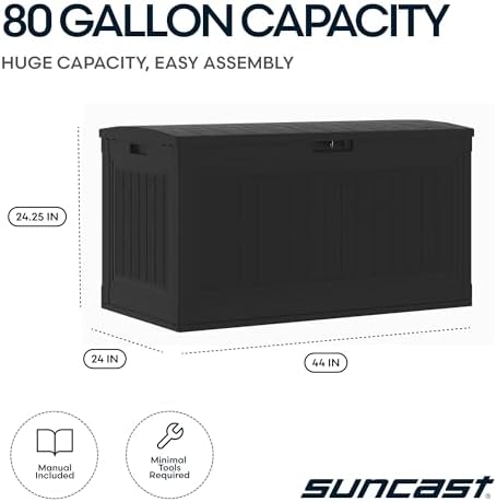 Suncast 80 Gal, Large Outdoor Patio Deck Box, Pad-Lockable Lid, Iron Ore