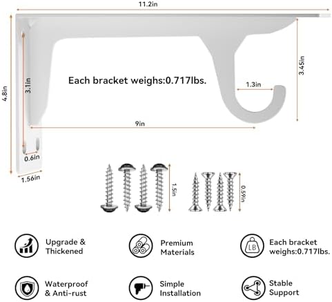 6 Pack Closet Rod Support Bracket Heavy Duty 11 x 4.8 Inch 300 lbs Capacity