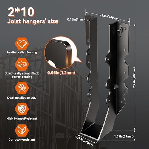 50 Pcs Black Joist Hangers 2X10, 18 Gauge Rafter Brackets , Hurricane Straps ...