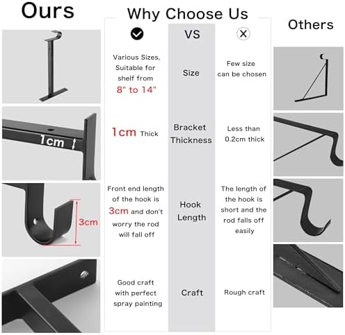 EZYDECOR Closet Rod Bracket Shelf Brackets with Hook Black 12 Inch 6 Pack