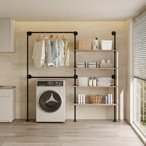 Wall Mounted Clothing Rack, Heavy Duty Pipe Closet, Pine Shelves, 76 In