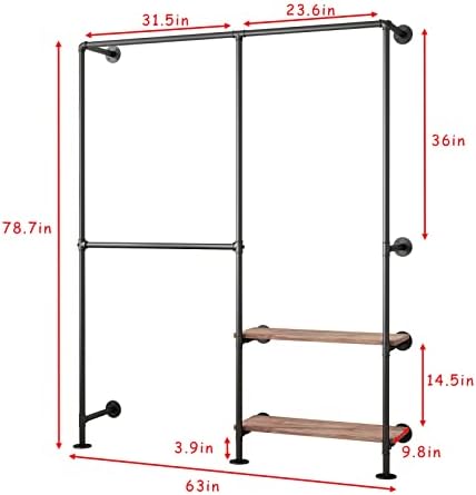 Industrial Pipe Clothes Racks with Black Shelves, Industrial Pipe Black Cloth...