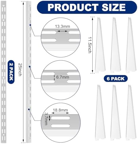 Colingmill 8 Pcs White Twin Rail Upright Wall Shelving System 25 Inch with Ad...
