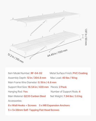 VEVOR Wire Shelf Kit, 4 ft, Set of 2, Wall Mounted Wire Shelves, Heavy-Duty C...