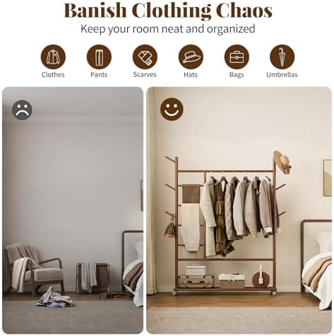 Yoobure Solid Wood Clothing Rack, 4-in-1 Wooden Clothes Rack with Wheels