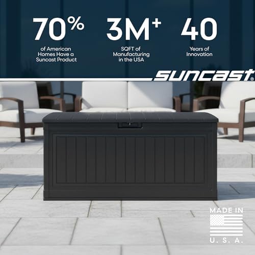 Suncast 80 Gal, Large Outdoor Patio Deck Box, Pad-Lockable Lid, Iron Ore