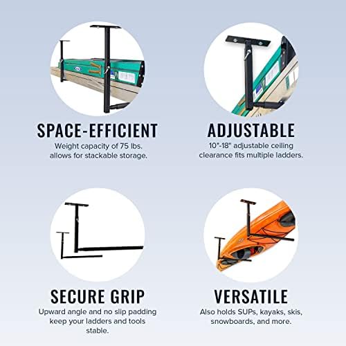 StoreYourBoard Adjustable Overhead Ladder Rack – Garage Organizer Ladder Shel...