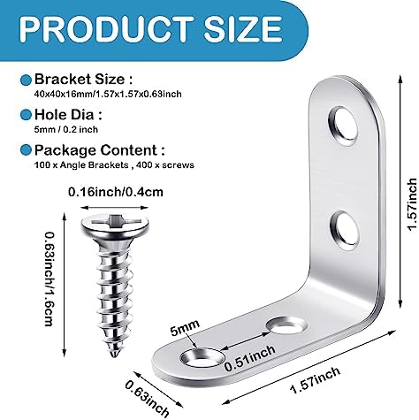 Pelopy 100 Pcs L Bracket Stainless Steel 90 Degree Brace, 1.57 x 1.57 Inch