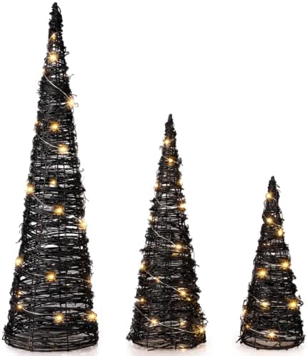 Jenaai 3 Lighted Halloween Rattan Trees 24" 16" 12", Cone Tree...