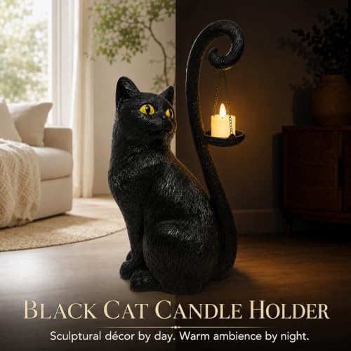 Black Cat Candle Holder Statue Halloween Decor Gothic Cat Lamp Decoration
