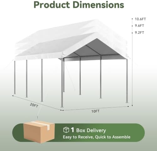 Aoxun 10x20 ft Heavy Duty Carport, Adjustable Height Portable Garage, White
