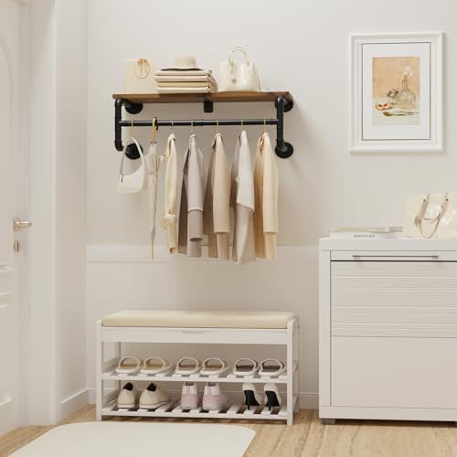 Yawinhe Industrial Pipe Clothing Rack with Shelves,Closet Rod,Rustic Brown