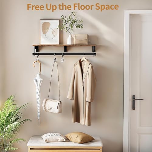 Luxspire 28.7" Wall Mount Clothes Rack with Wood Top Shelf Hanging Clothes