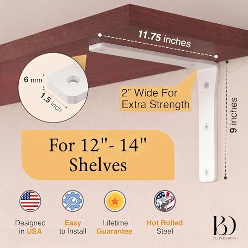 4 Pack Heavy Duty White Shelf Brackets 12 Inch by Balin Designs – Decorative ...