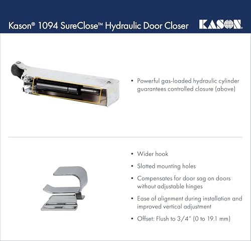 Kason 1094 SureClose Hydraulic Door Closer and Hook, Exposed Mounting, Adjust...