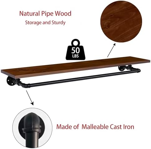 Clothes Rack 36in, Wall Mounted Garment Rack with Real Walnut Wood Shelf, Hea...