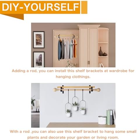 EZYDECOR Closet Rod Bracket Shelf Brackets with Hook Black 12 Inch 6 Pack
