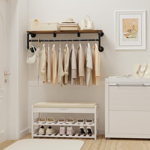 Yawinhe Industrial Pipe Clothing Rack with Shelves,Closet Rod,Rustic Brown