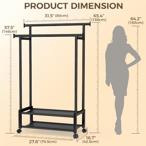 Double Rod Clothing Rack with 2 Shelves, Rolling, Black
