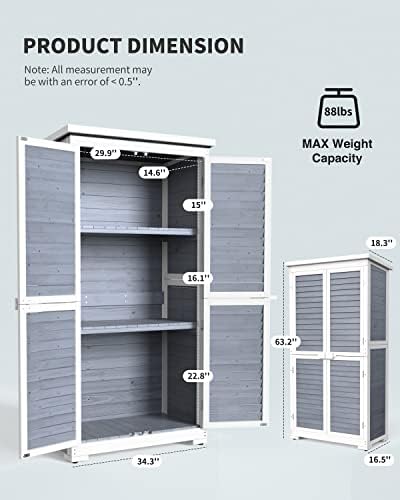 Gizoon Outdoor Storage Cabinet with 3 Shelves, Double Lockable Wooden Shed