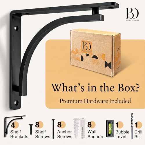 Classic Black Heavy Duty Shelf Brackets 10 inch by Balin Designs – L Bracket,...