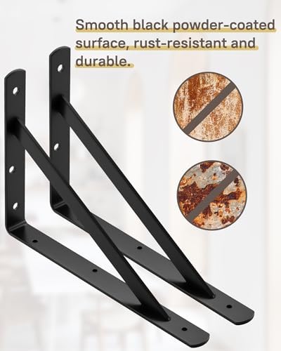 Heavy Duty Shelf Brackets, 12 x 8 Inch Black Metal L Brackets, 10 Pack