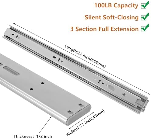 LONTAN 10 Pairs Soft Close Drawer Slides 22 Inch Heavy Duty Cabinet Rails
