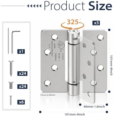 4 Inch Self Closing Door Hinges,3-Pack Spring Hinges,1/4" Radius Corners